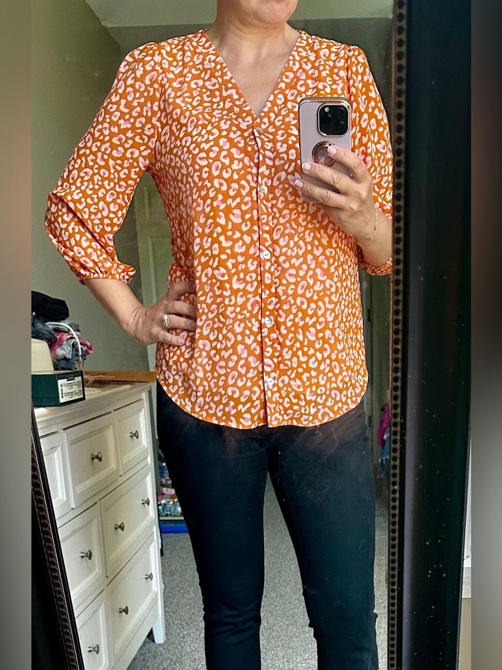 West Kei Orange Leopard-Print Button-Down Shirt